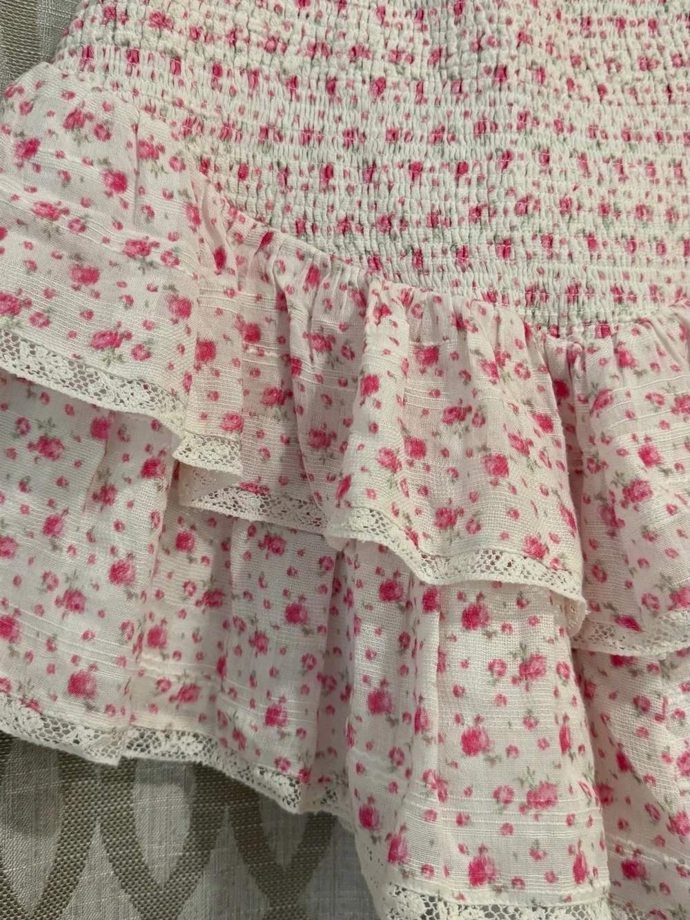 LoveShackFancy Stone Smocked Ruffled Floral Mini Skirt White/Pink Size Medium